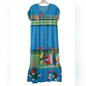 Vintage Terry Cloth Swim Cover Up Hostess Maxi Dress Sailboat Beach Tropical
